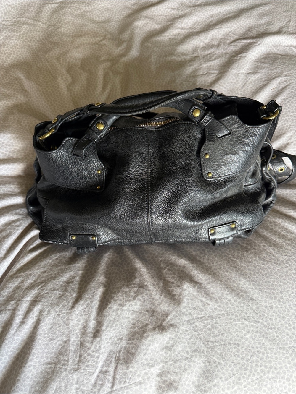 Kooba Black Pebbled Leather Satchel with Brass Accents